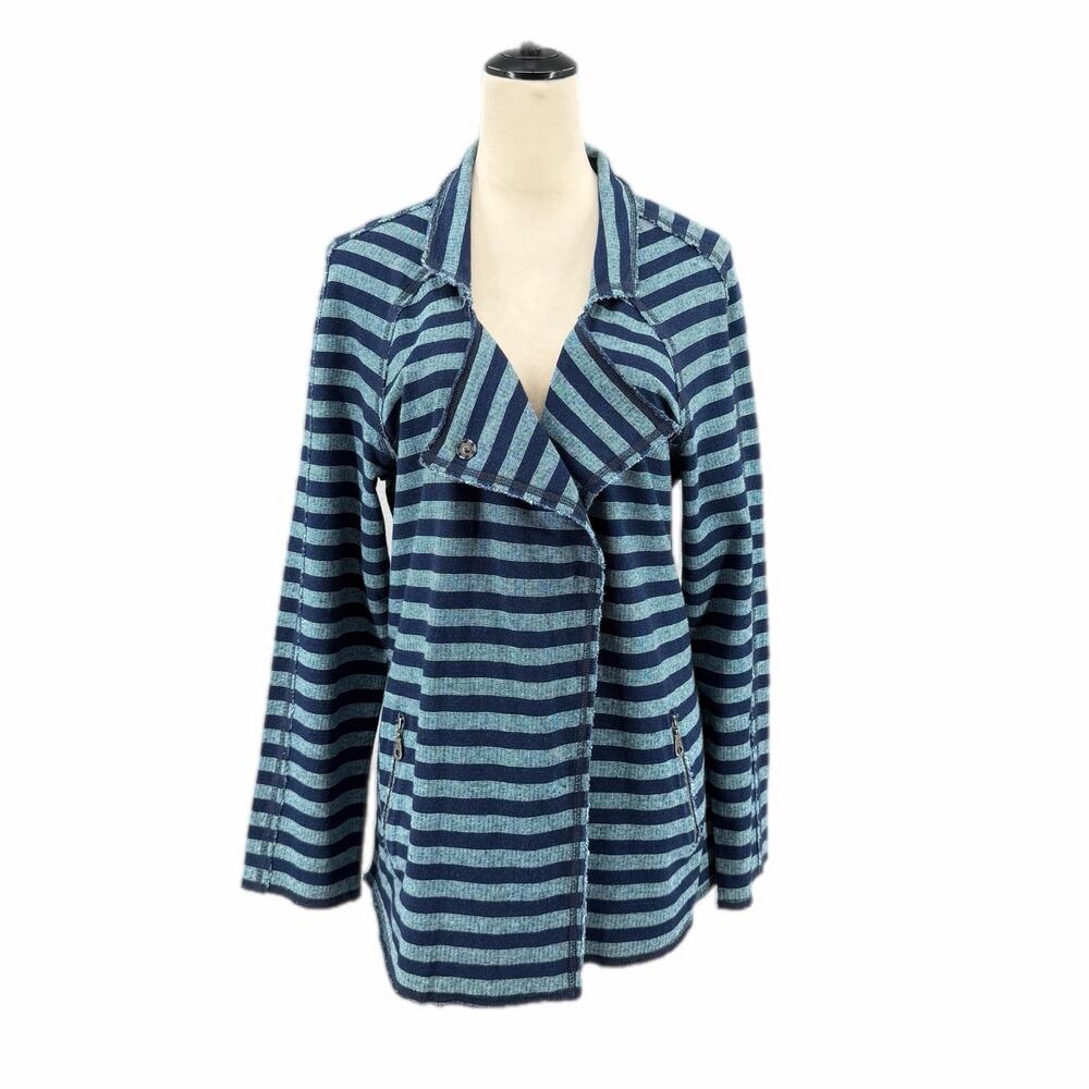 Nic+Zoe Navy Blue Stripe Lightweight 100% Cotton Snap Layering Casual Jacket